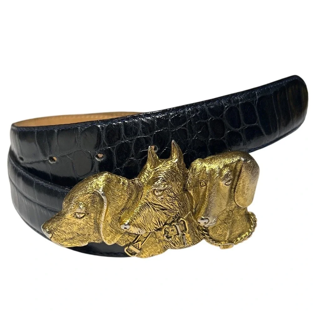 Worth New York Gold‎ Dog Buckle Black Croc Embossed Leather Belt  Size P 29